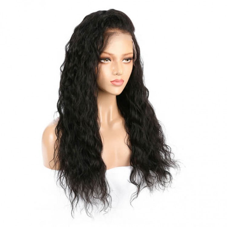 Long Water Wave Black Free Part Lace Front Wigs