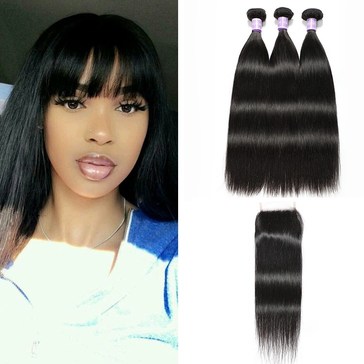  straight bundles Virgin Human Hair Weaves With Lace Closure