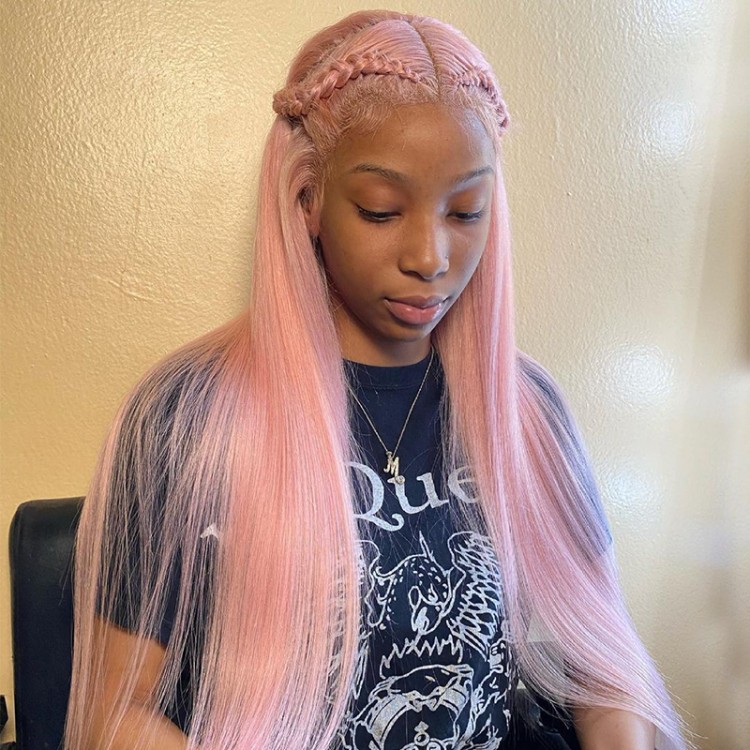 Pink Straight Wigs Lace Front Human Hair