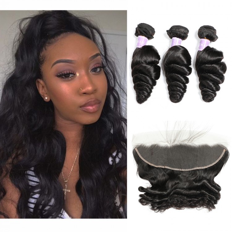Brazilian Loose Wave 3 Bundles With Lace Frontal 