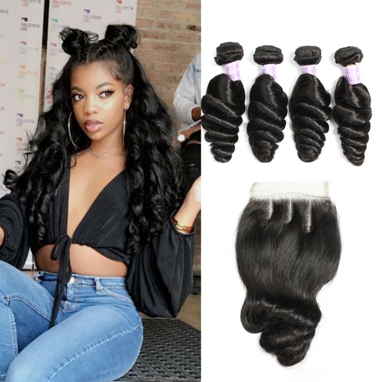 Malaysian Loose Wave Hair 4 Bundles Deals With Lace 