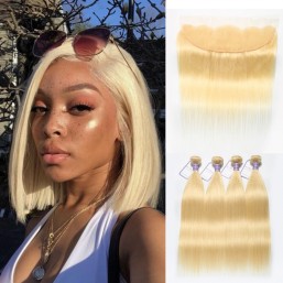 613 Blonde Straight Hair 4 Bundles With 13x4 Lace Frontal