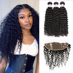 Curly Hair Weave 3 Bundles Deals With Lace Frontal
