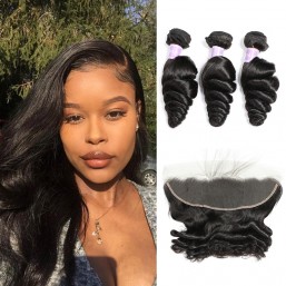 Malaysian Loose Wave Hair 3 Bundles With Lace Frontal 