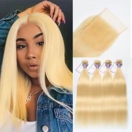 Straight Hair 613 Blonde Hair 4 Bundles With Lace Closure
