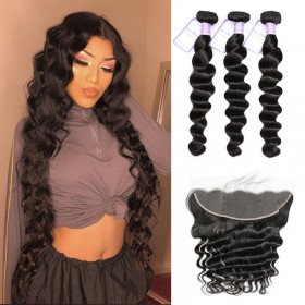 DSoar Loose Deep Wave Virgin Hair 3 Bundles With Lace Frontal Closure 13x4 Inch
