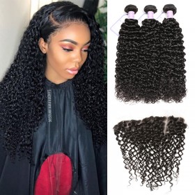 DSoar Hair Natural Black 3 Bundles 8"-26" Malaysian Curly Hair Weave With 4x13 Frontal