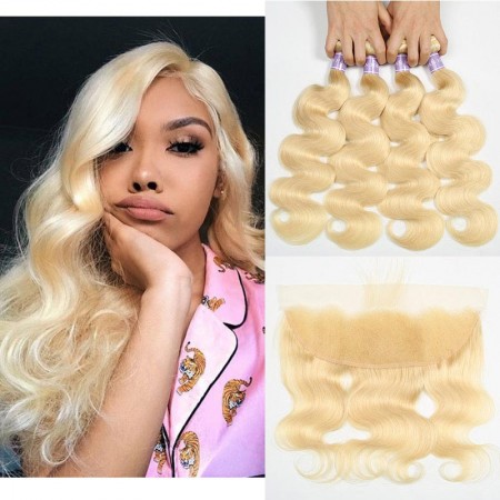 613 Hair Body Wave Blonde Brazilian Hair 4 Bundles With Frontal