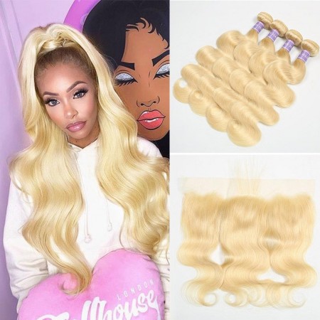  613 Blonde Lace Frontal Closure With 4 Bundles Indian Body Wave